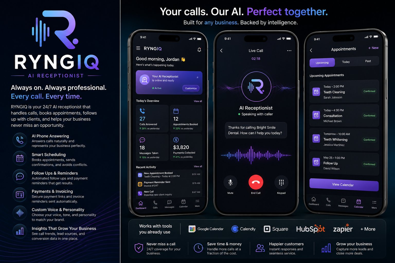 RYNGIQ app, An AI receptionist platform that helps small businesses answer calls, capture leads, schedule appointments, and follow up 24/7.